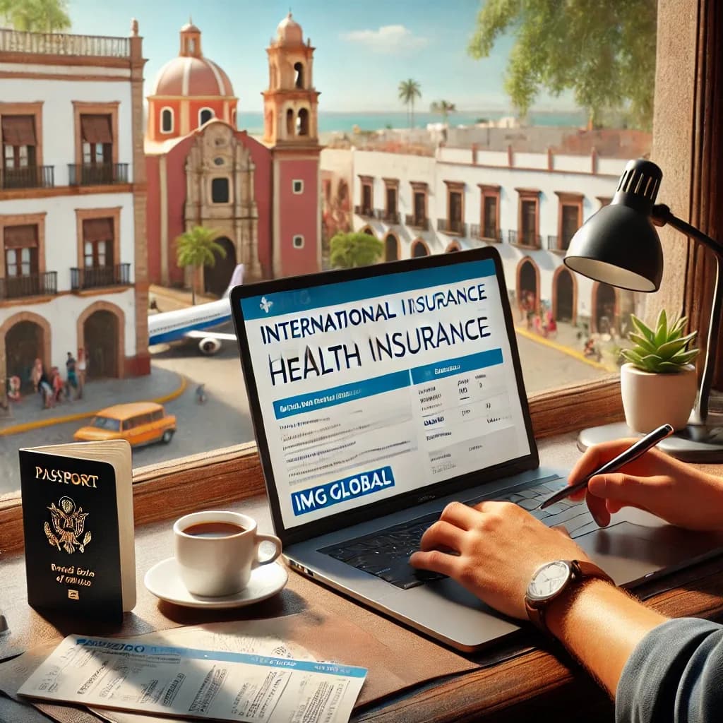 Laptop showing an IMG Global international health insurance application with passport and coffee — expat health insurance in Mexico