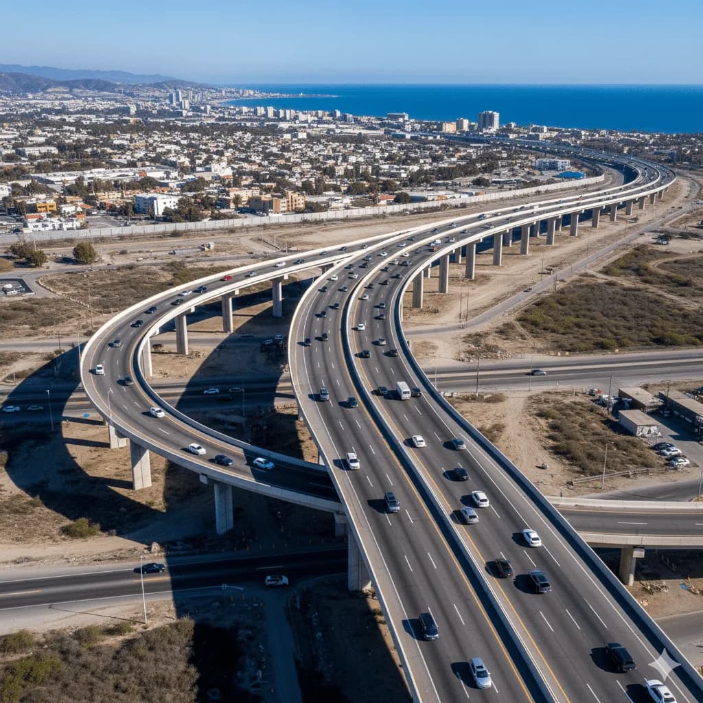 San Ysidro Port of Entry lanes at the Tijuana border — new elevated viaduct speeding access to Playas and Rosarito