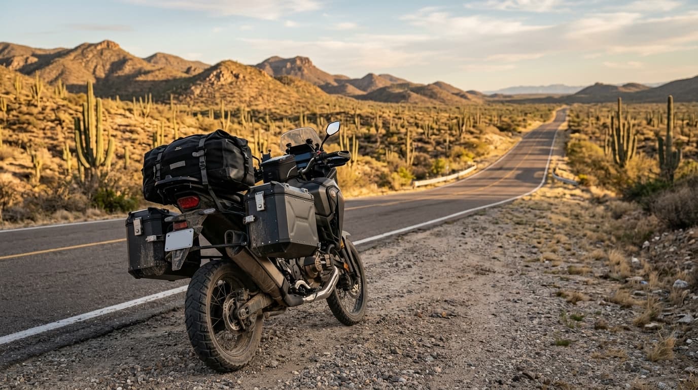 Adventure motorcycle loaded with aluminium panniers and a dry bag, parked on the shoulder of an empty desert highway. Mexican motorcycle insurance for riders.