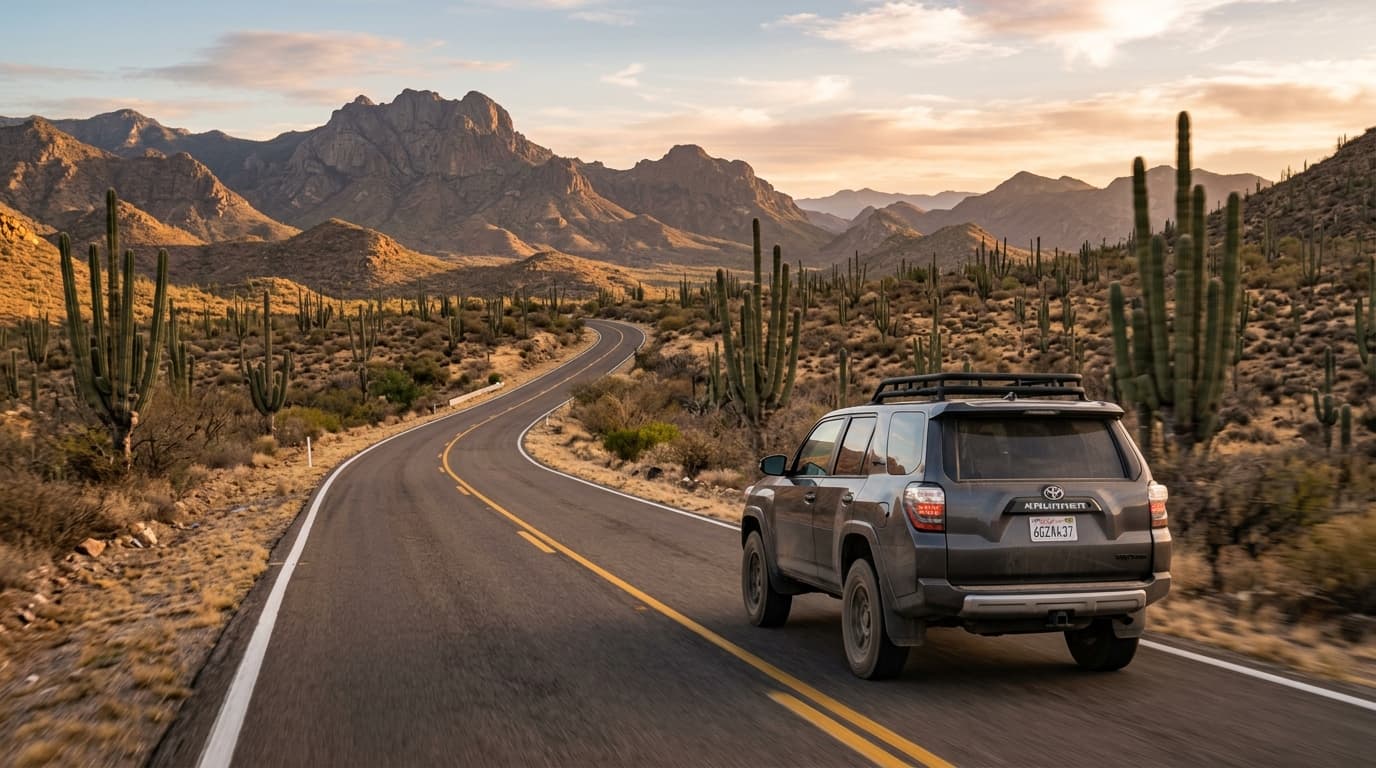 Grey SUV on a winding desert highway through saguaro cactus and mountains at sunset