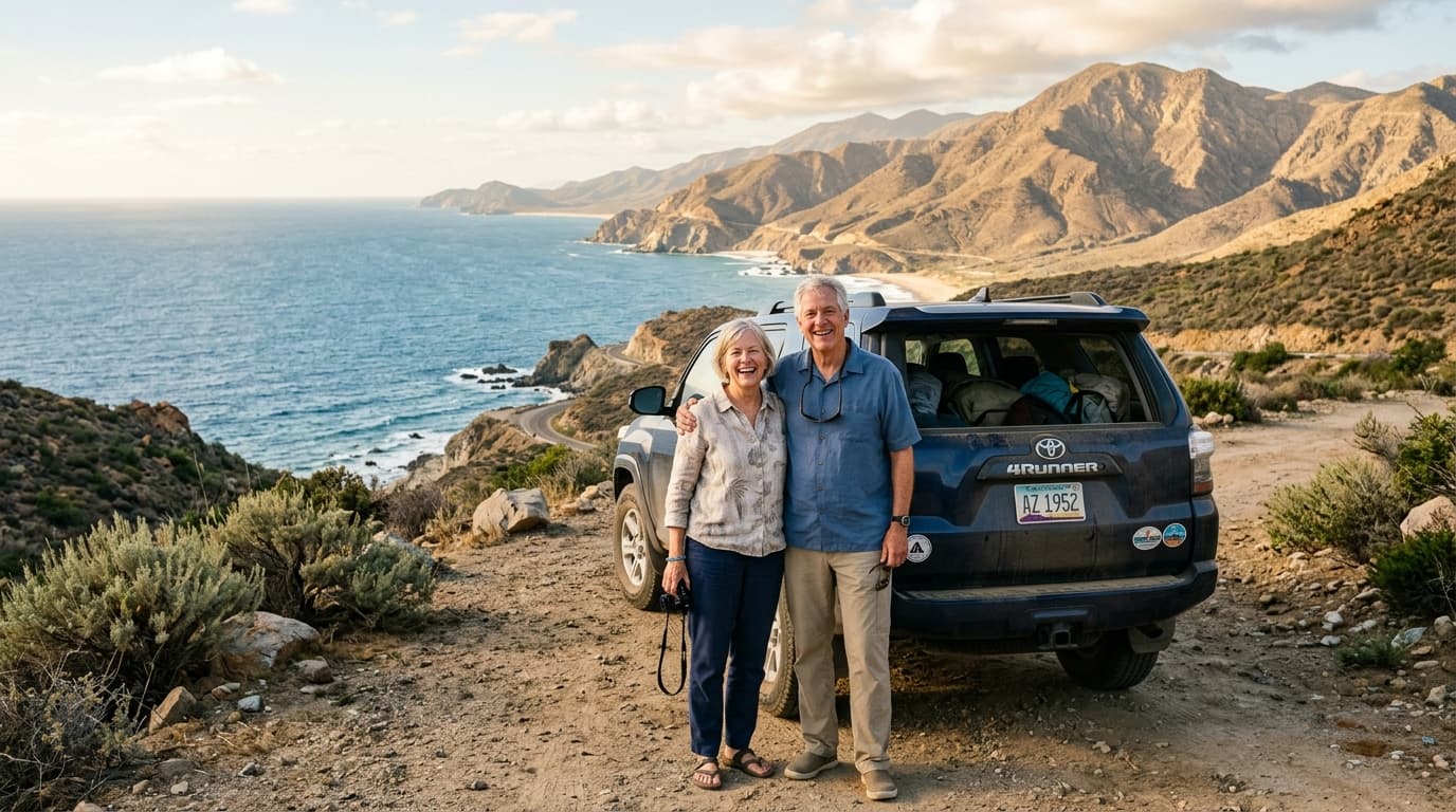 American couple beside an SUV overlooking a Baja California ocean view — list of US consulates in Mexico and the areas they serve