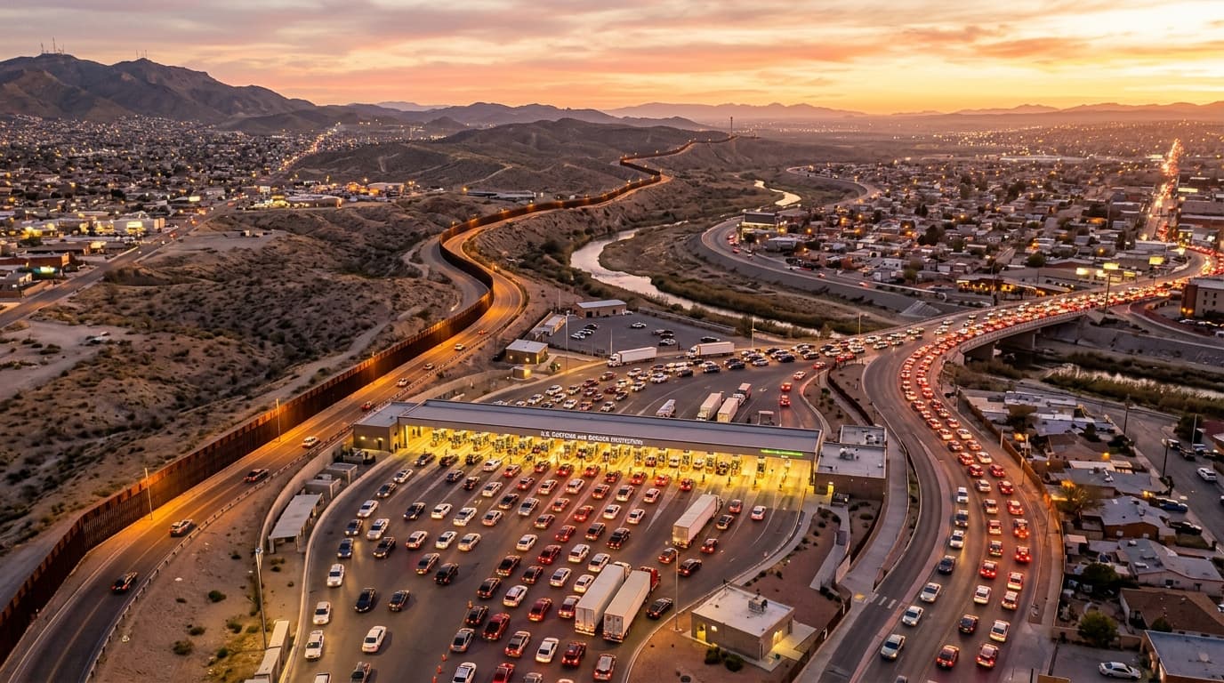 Aerial view at dusk of cars queued at a US–Mexico land port of entry beside the border wall
