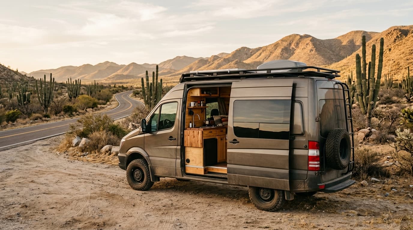 Converted camper van parked on a Baja desert roadside with its side door open, showing the wooden galley inside. Mexican insurance for a camper van conversion.