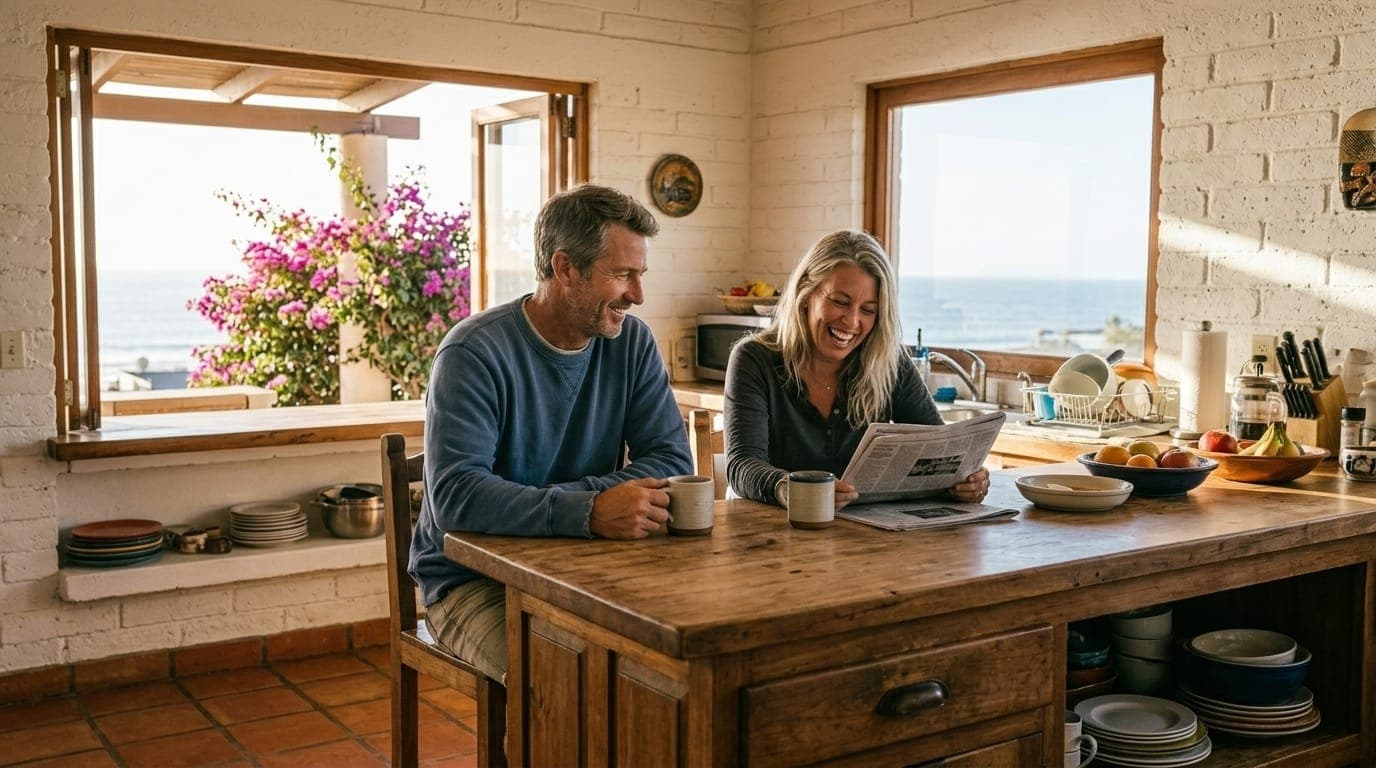 Couple reading a newspaper at a kitchen table in a sunny house