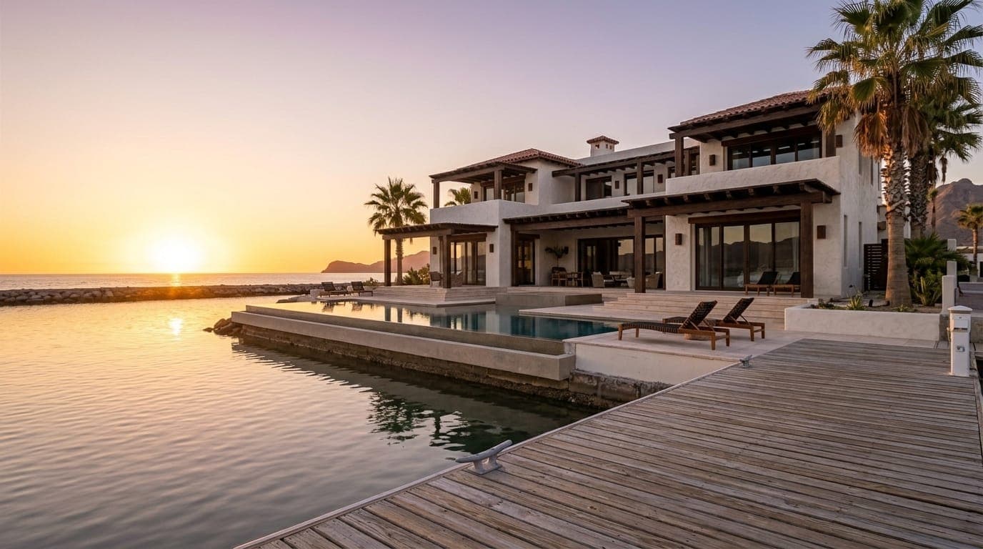 Mexican home with terracotta roof and secure exterior at golden hour, choosing homeowners insurance for a property in Mexico
