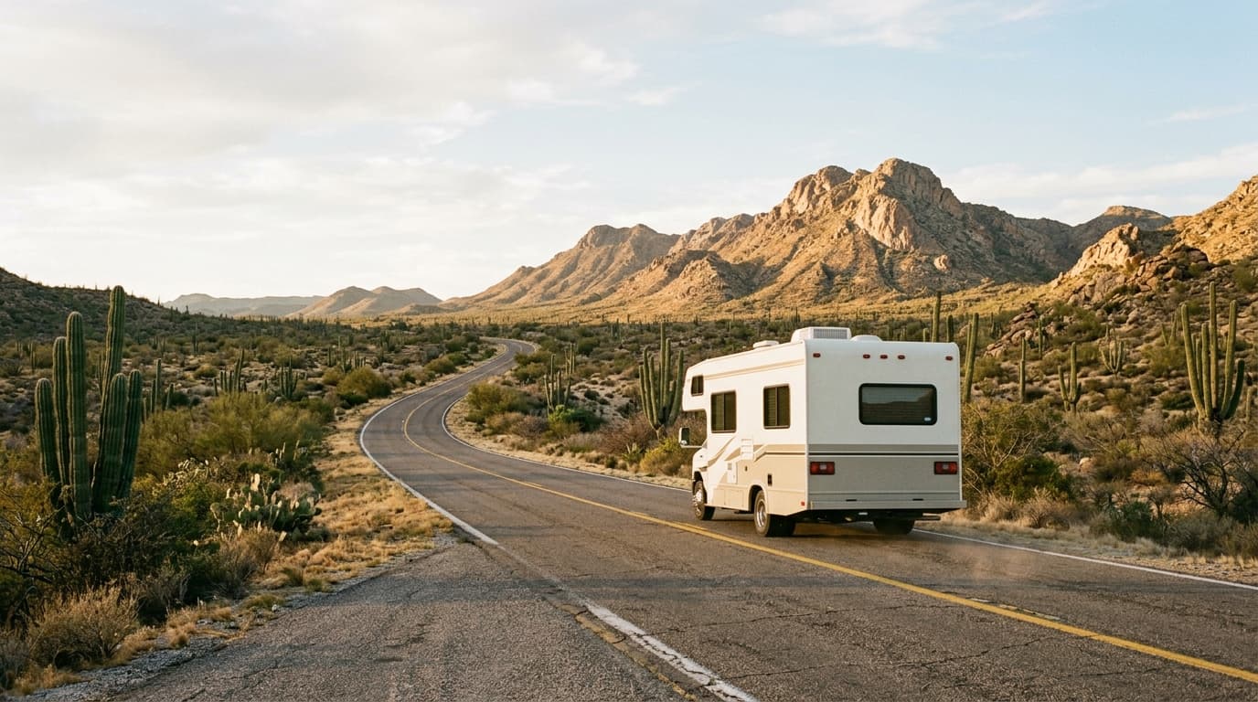 Class C motorhome driving away along an empty Baja desert highway lined with cardon cactus. Mexican insurance for an RV or motorhome.